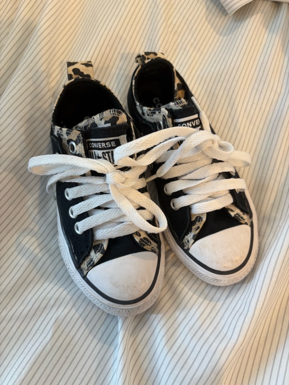 Converse Kids Black Canvas Low Top Sneakers with Leopard Accents